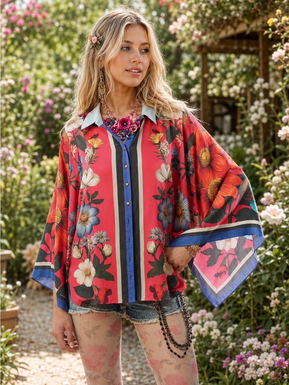 ❤️‍🔥 Aratta XL Floral Garden Pink Flowing Button-Front Top A-21